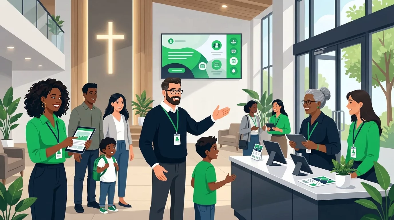 Membros da equipe de recepção da igreja sorrindo e acolhendo visitantes com tablets e celulares.