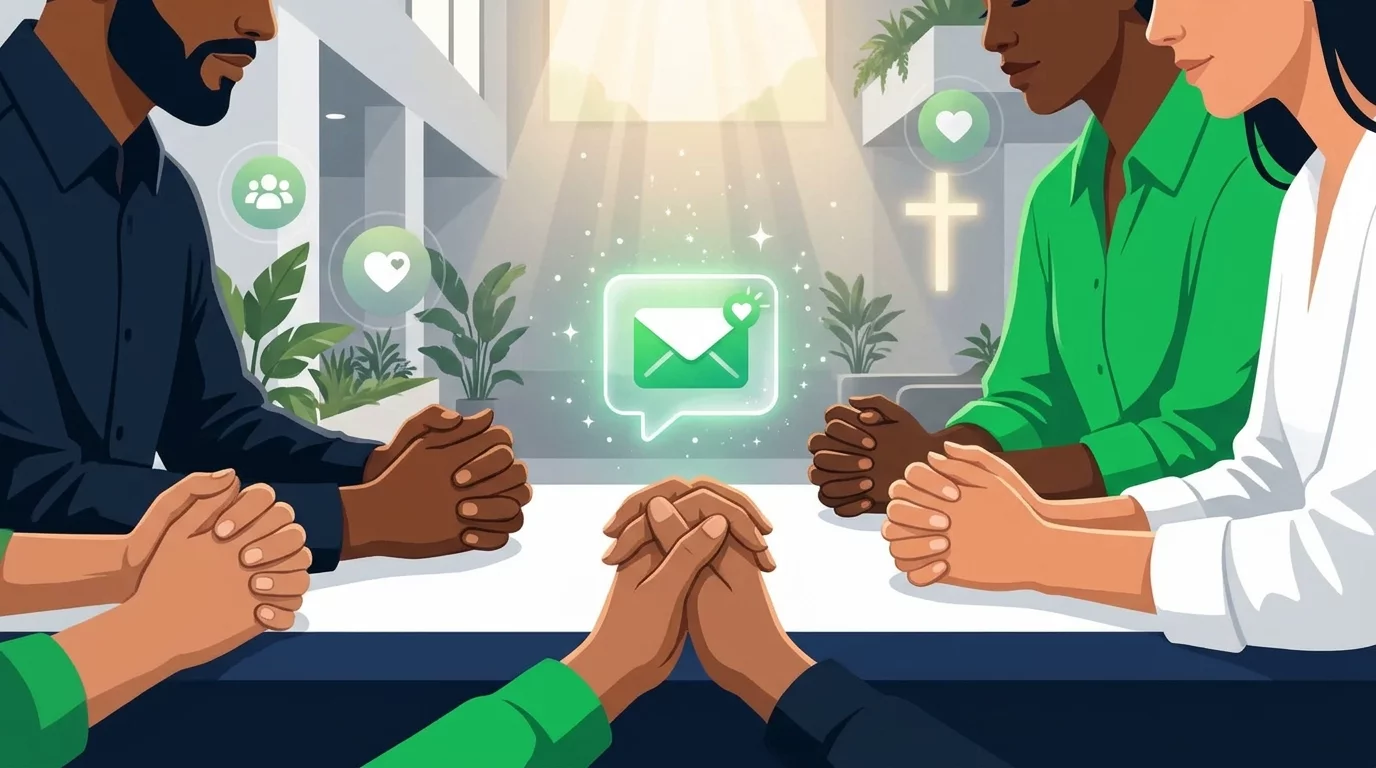 Mãos unidas em atitude de oração com ícone de mensagem digital e luz acolhedora ao fundo.