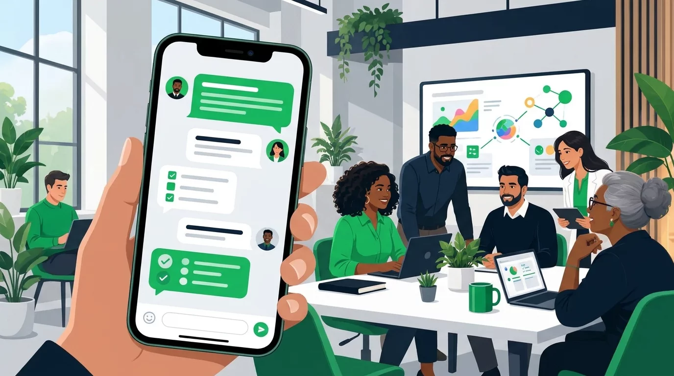 Smartphone em primeiro plano com balões de mensagem limpos, organizados com negrito e ícones elegantes.