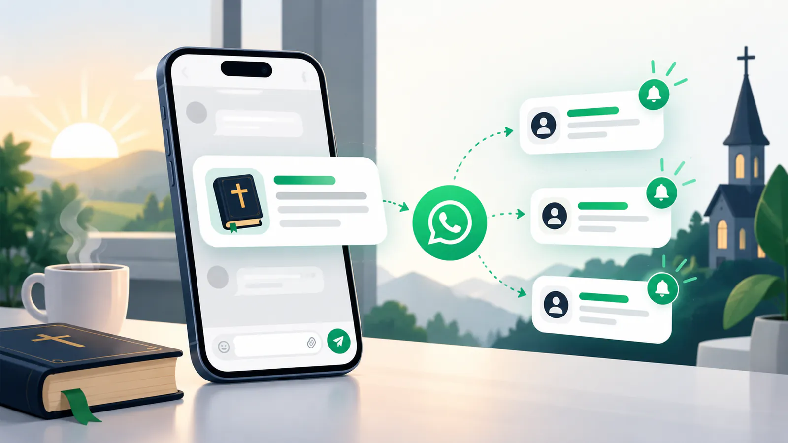 Bíblia aberta ao lado de um smartphone iluminado, simbolizando o devocional chegando nas primeiras horas do dia.