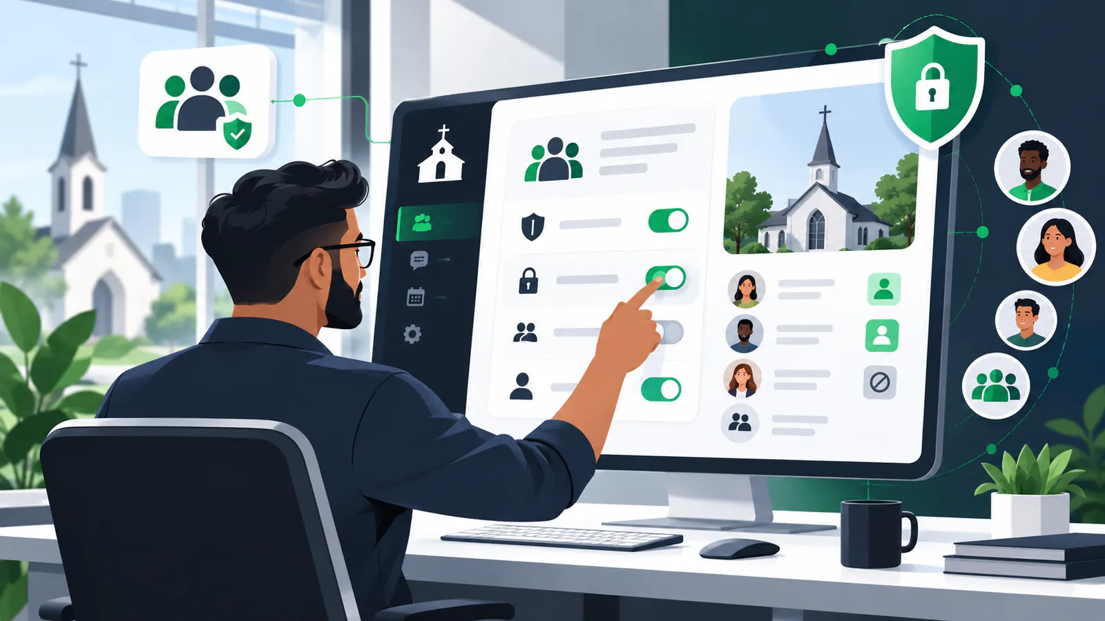 Administrador ajustando regras e permissões de privacidade através de um painel de controle virtual.