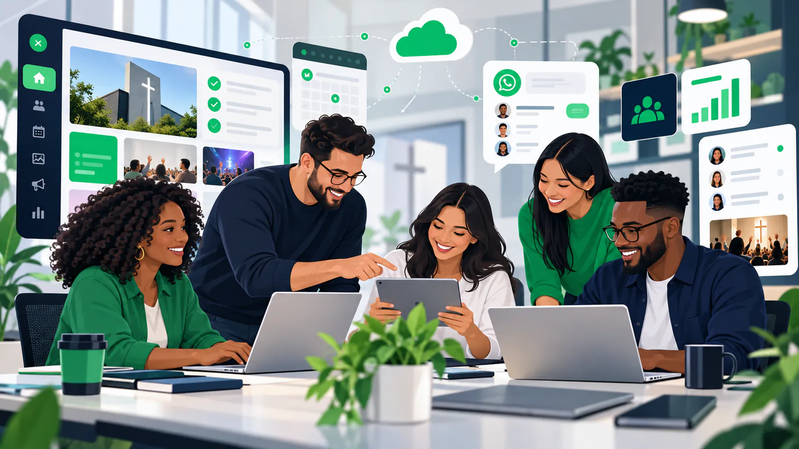 Equipe interagindo alegremente com interfaces tecnológicas que auxiliam as tarefas na congregação.