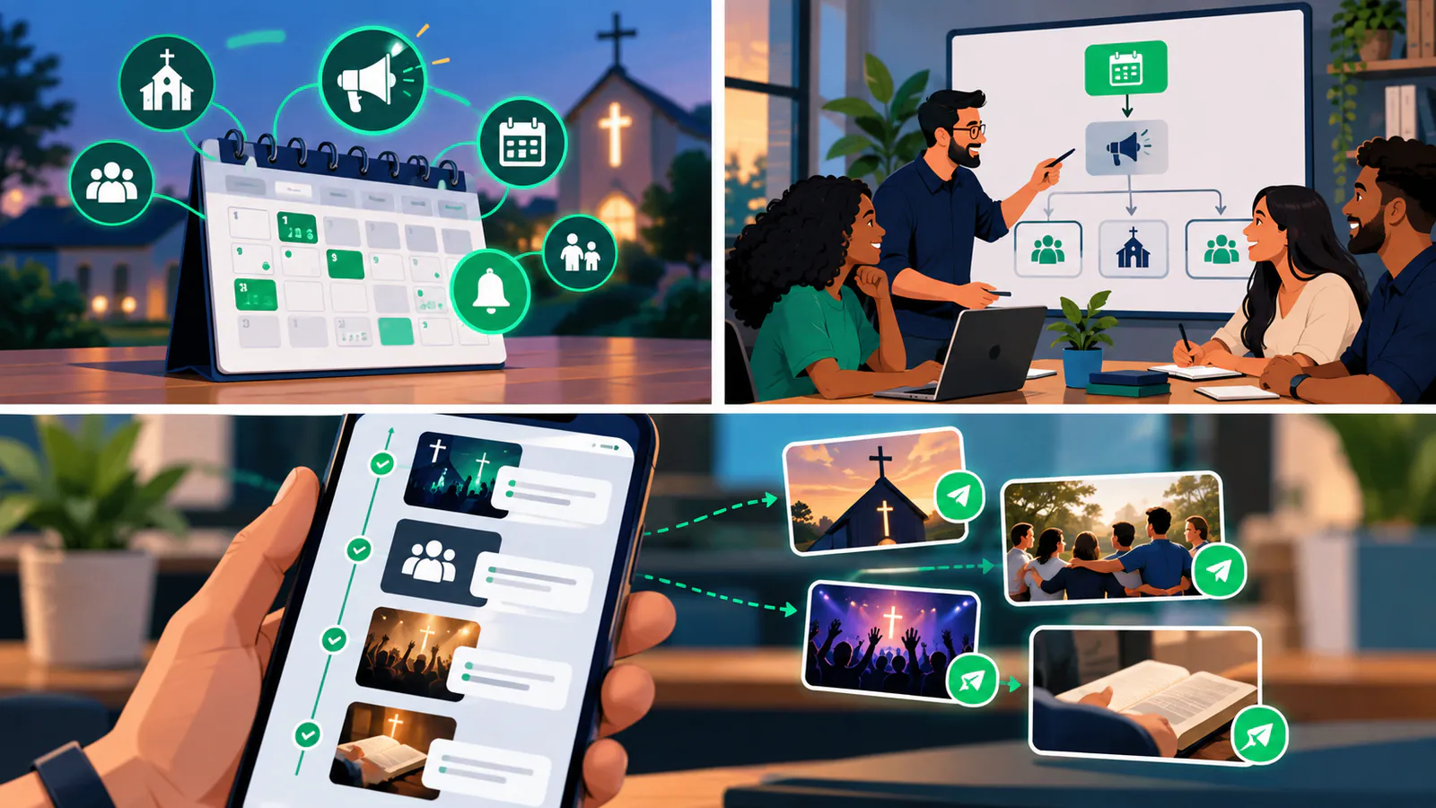 Calendário visual em formato flat contendo marcações e notificações conectadas a ícones de igreja.