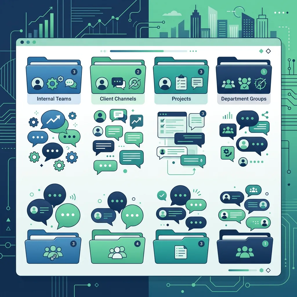 Pastas e ícones organizados de mensagens, simbolizando a gestão eficiente de grupos de WhatsApp.