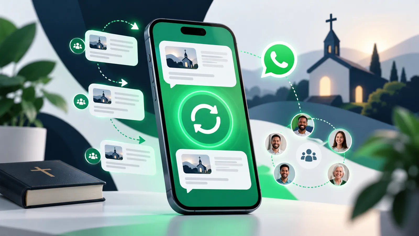 Celular exibindo um ícone de repetição, simbolizando mensagens automáticas na comunicação digital da igreja.