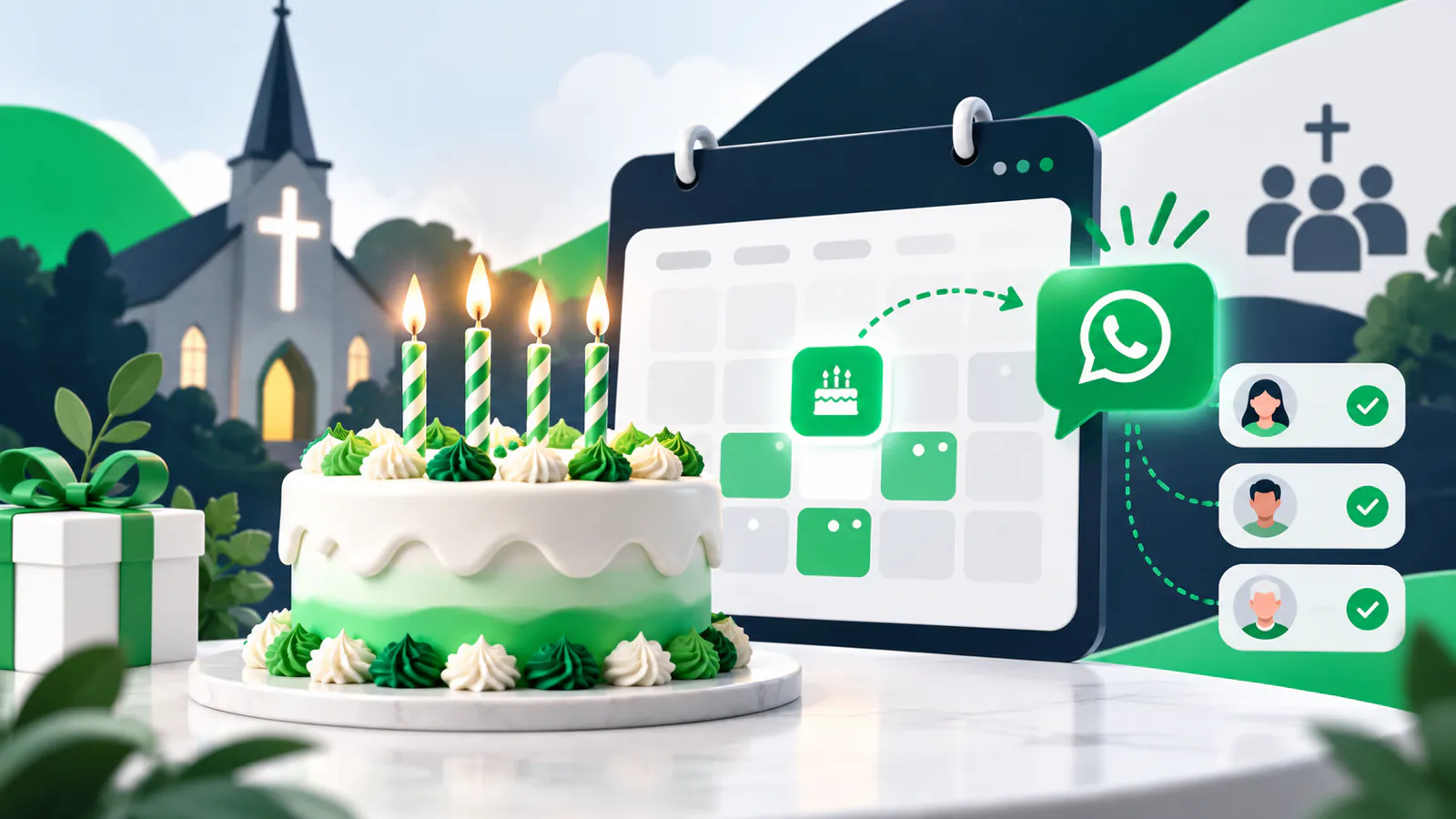 Bolo de aniversário e calendário digital simbolizando felicitações agendadas de forma automática.