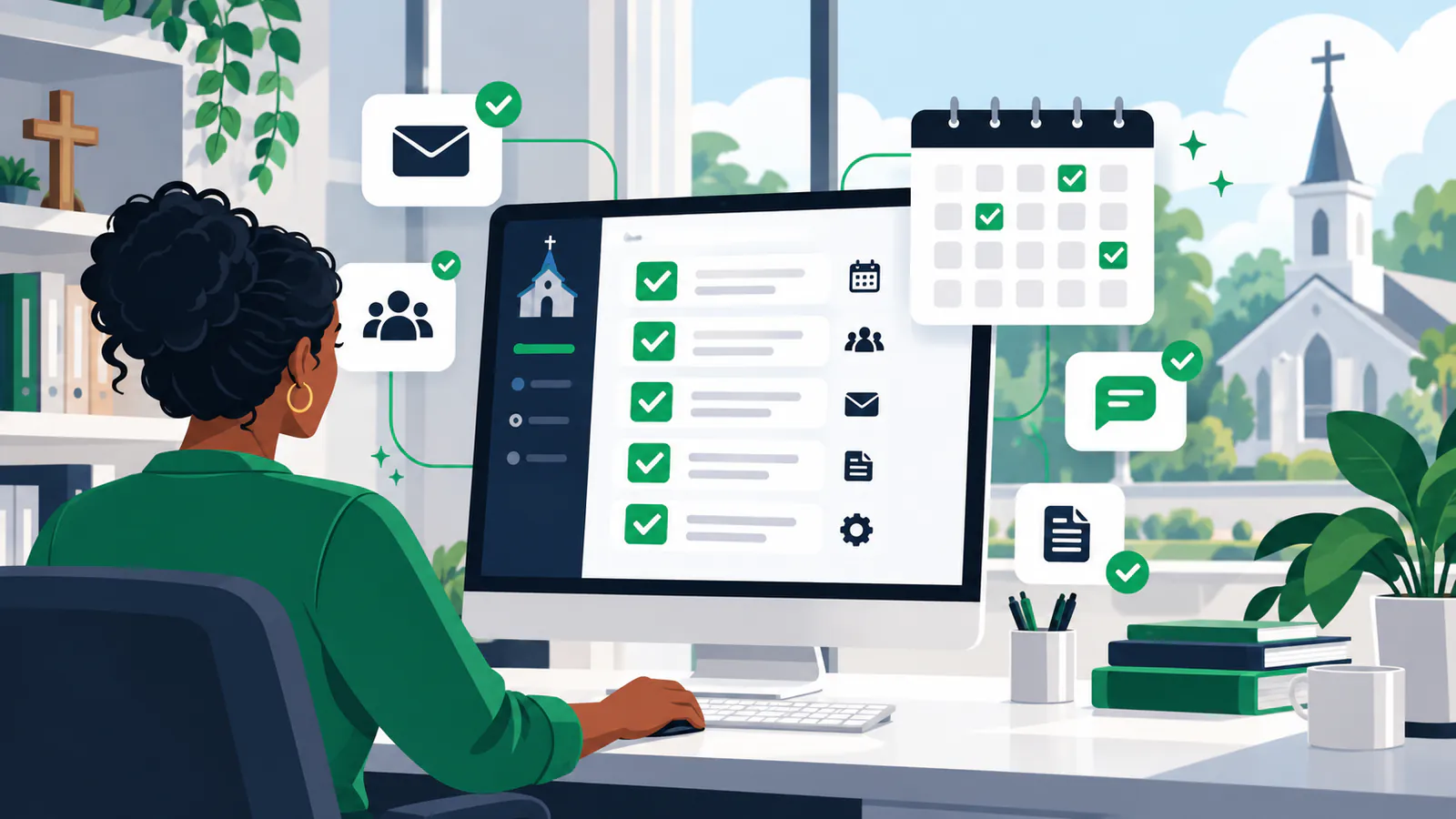 Checklist digital dinâmico marcando as tarefas semanais realizadas pela secretaria.