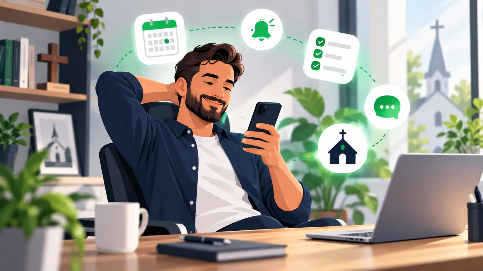 Homem olhando relaxado para o smartphone, simbolizando a paz de uma gestão com automação de agenda.